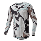 Alpinestars 2024 Racer Tactical Jersey, Motocross Jersey, Iron Camo Dust Gray, featuring a bold camouflage pattern in light gray, dark gray, and pale blue tones, lightweight poly-fabric construction with breathable mesh inserts, ergonomic sport fit.