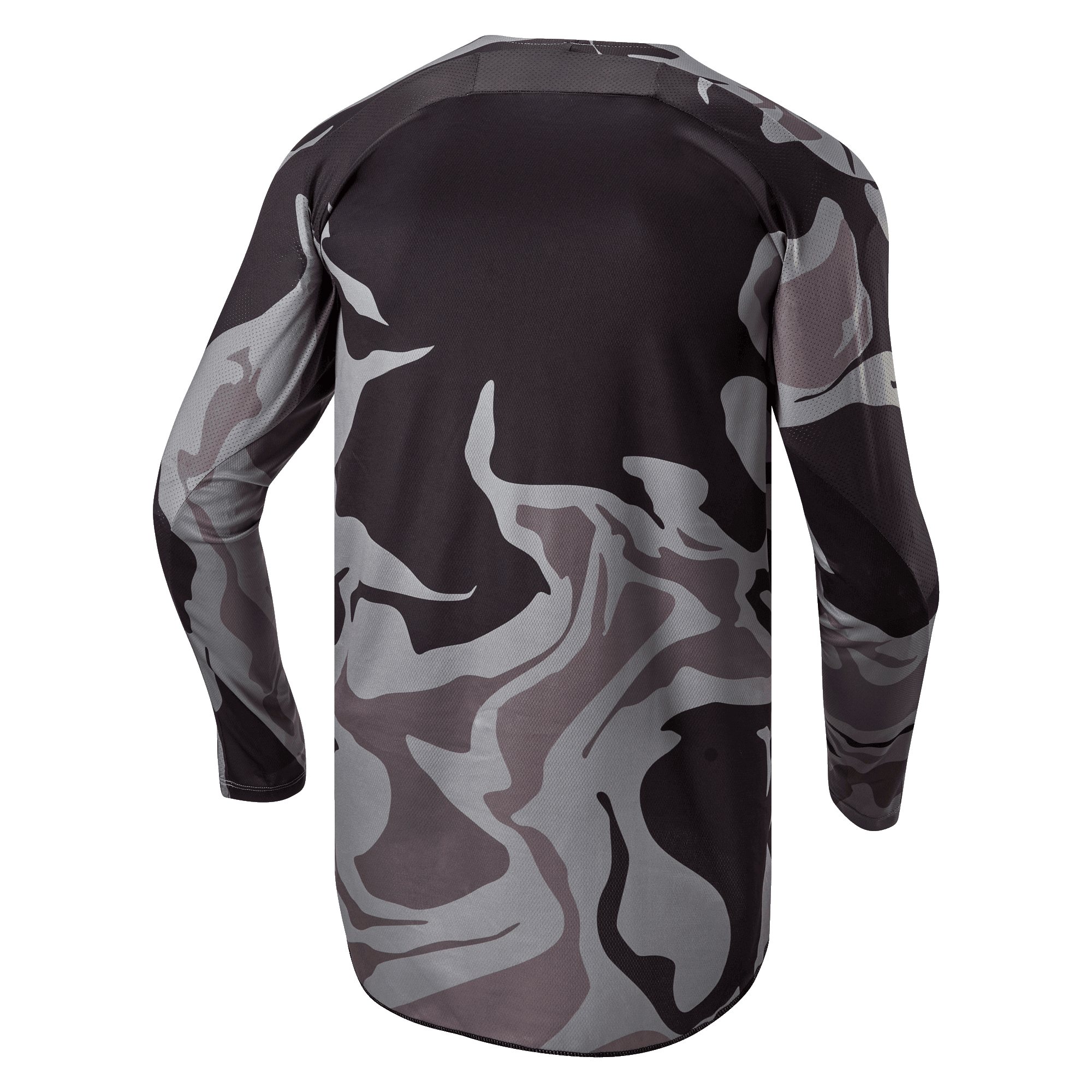 Alpinestars 2024 Racer Tactical Jersey, Motocross Jersey, Cast Gray Camo Magnet, Rear view showing gray and black camouflage pattern, breathable fabric, and an extended back hem for coverage