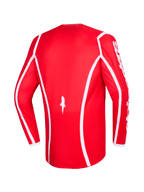 Alpinestars 2026 Fluid Apex Jersey, Red and White, back view of long-sleeve motocross jersey with white curved accent lines, star logo at the bottom, and white Alpinestars text on sleeves, designed for off-road racing