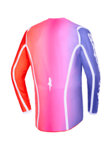Alpinestars 2026 Fluid Apex Jersey, Back view, Multicolor pink purple and orange gradient, featuring white curved piping and an extended rear hem, professional motocross and off-road apparel