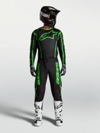 Alpinestars Fluid Apex V2 Pants, Men's Motocross Gear, Black and Green Fluo, full racing outfit with white boots.