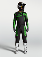 Alpinestars Fluid Apex V2 Jersey and Gear Set, Men's Black and Fluo Green Motocross Outfit with matching pants and white boots.