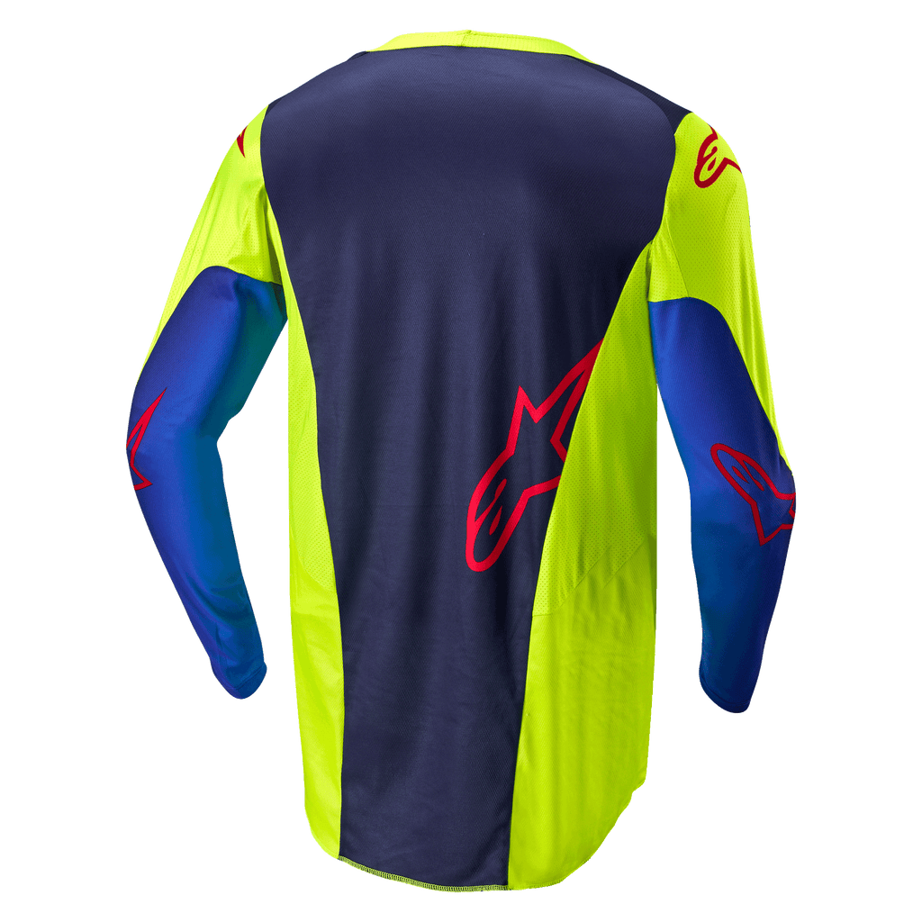 Alpinestars 2024 Racer Hoen Jersey, Motocross Jersey, Yellow Fluo and Blue Night Navy, back view showing dark blue central panel with red logo, bright yellow side sections, long sleeves, and breathable mesh fabric designed for off-road performance.