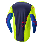 Alpinestars 2024 Racer Hoen Jersey, Motocross Jersey, Yellow Fluo and Blue Night Navy, back view showing dark blue central panel with red logo, bright yellow side sections, long sleeves, and breathable mesh fabric designed for off-road performance.