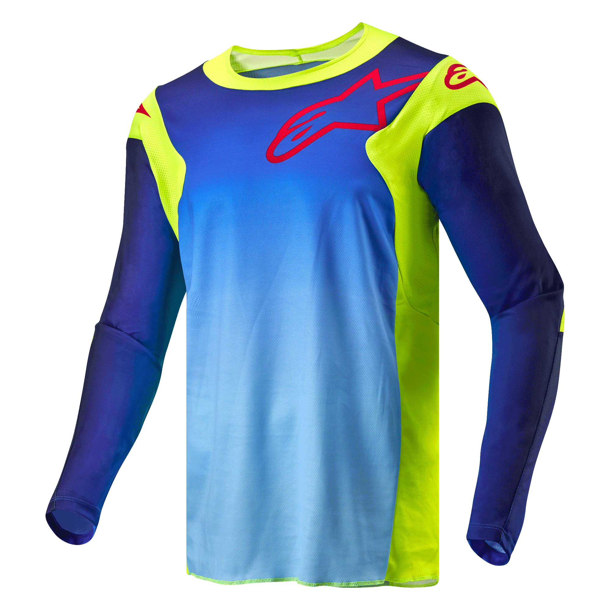 Alpinestars 2024 Racer Hoen Jersey, Motocross Jersey, Yellow Fluo and Blue Night Navy, featuring a blue gradient body with fluorescent yellow panels, red Alpinestars logo on the chest and shoulders, long-sleeved technical off-road gear.