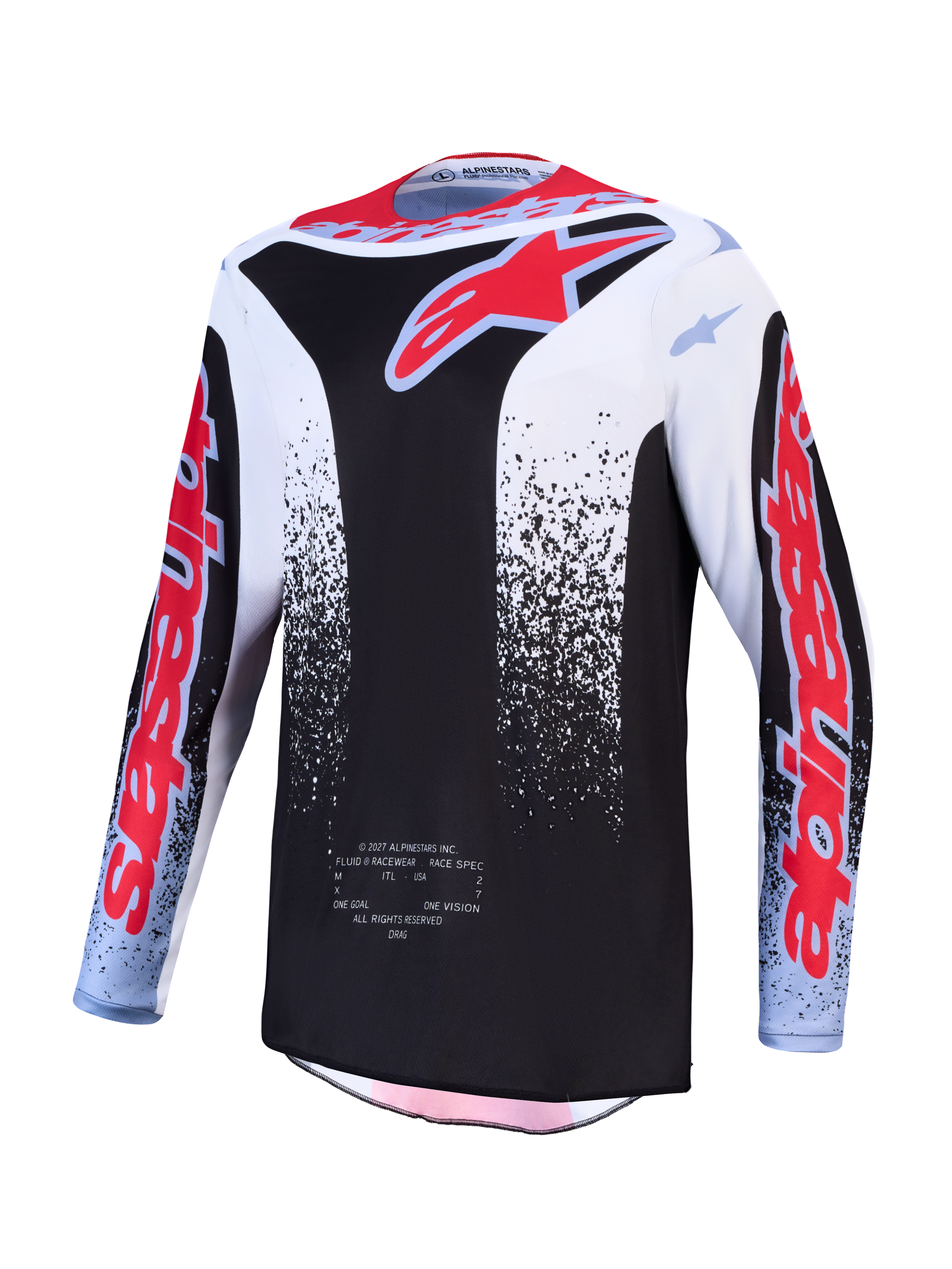 Alpinestars 2027 Fluid Drag Jersey, a men's black and white motocross jersey with red graphics and moisture-wicking fabric.