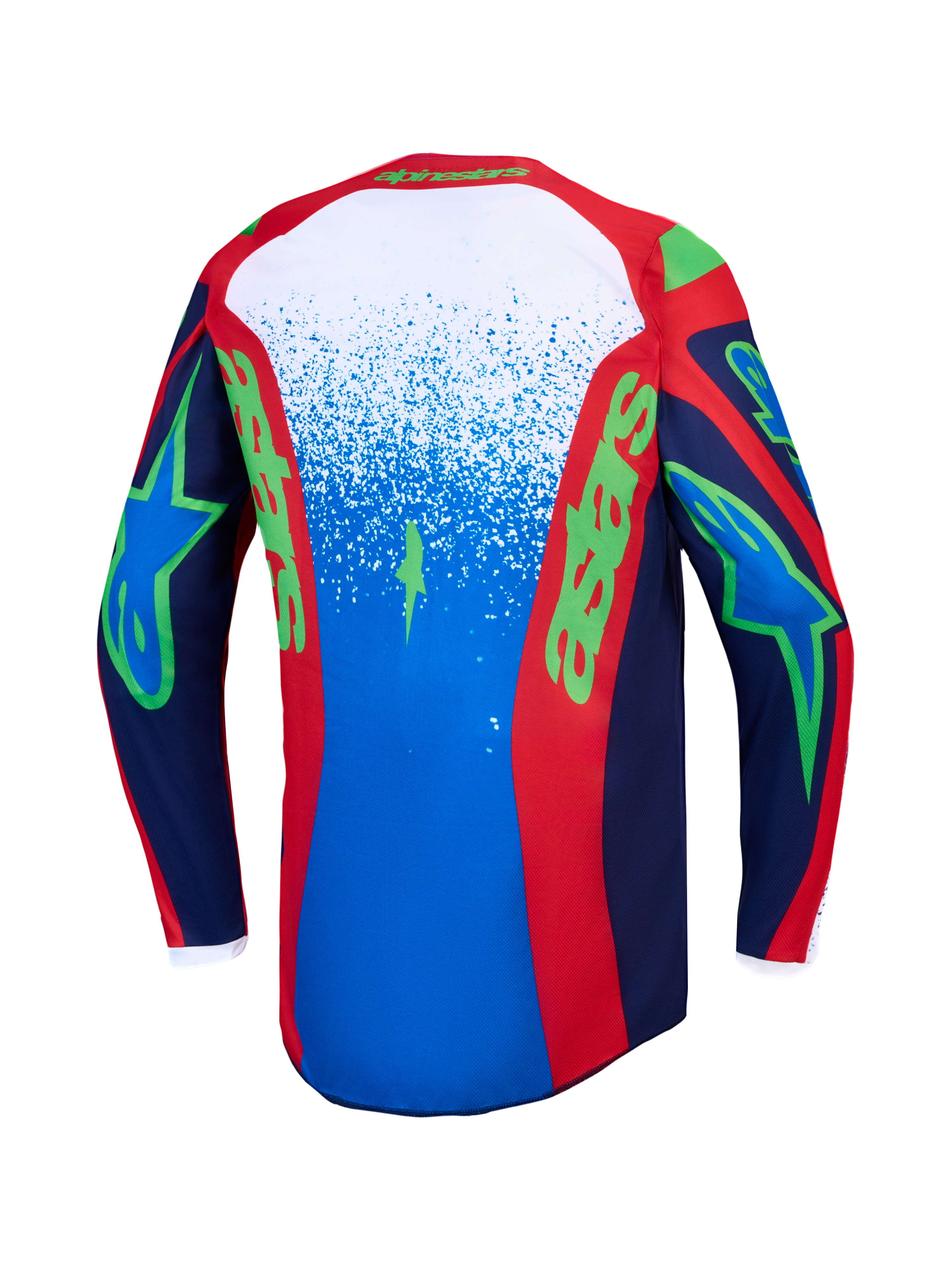 Alpinestars Fluid Drag Jersey in Blue Navy and Fire Red, Men's Motocross Jersey with bold green accents, back view.