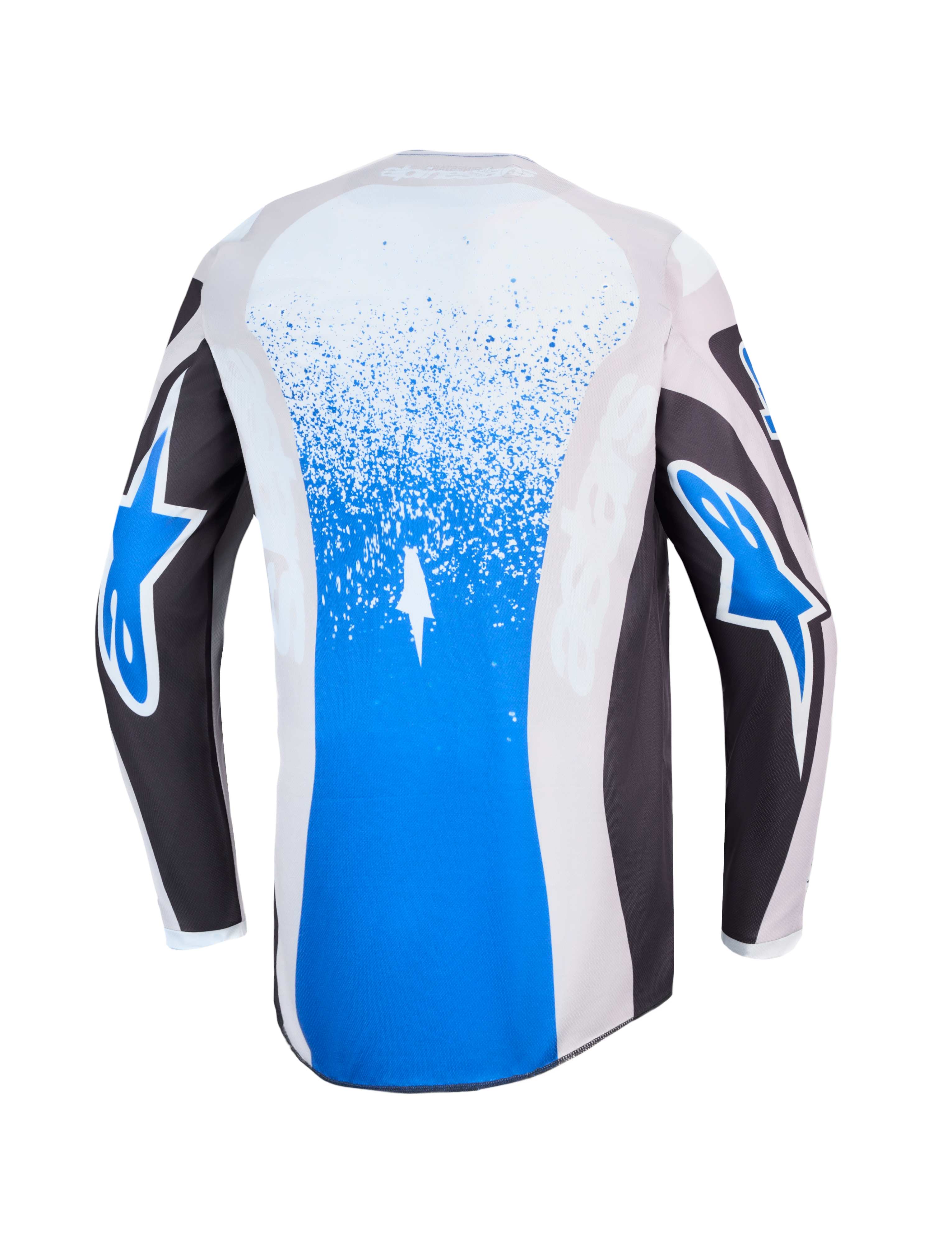 Alpinestars Fluid Drag Jersey, blue and graystone motocross jersey, back view with splatter graphics and star logos.