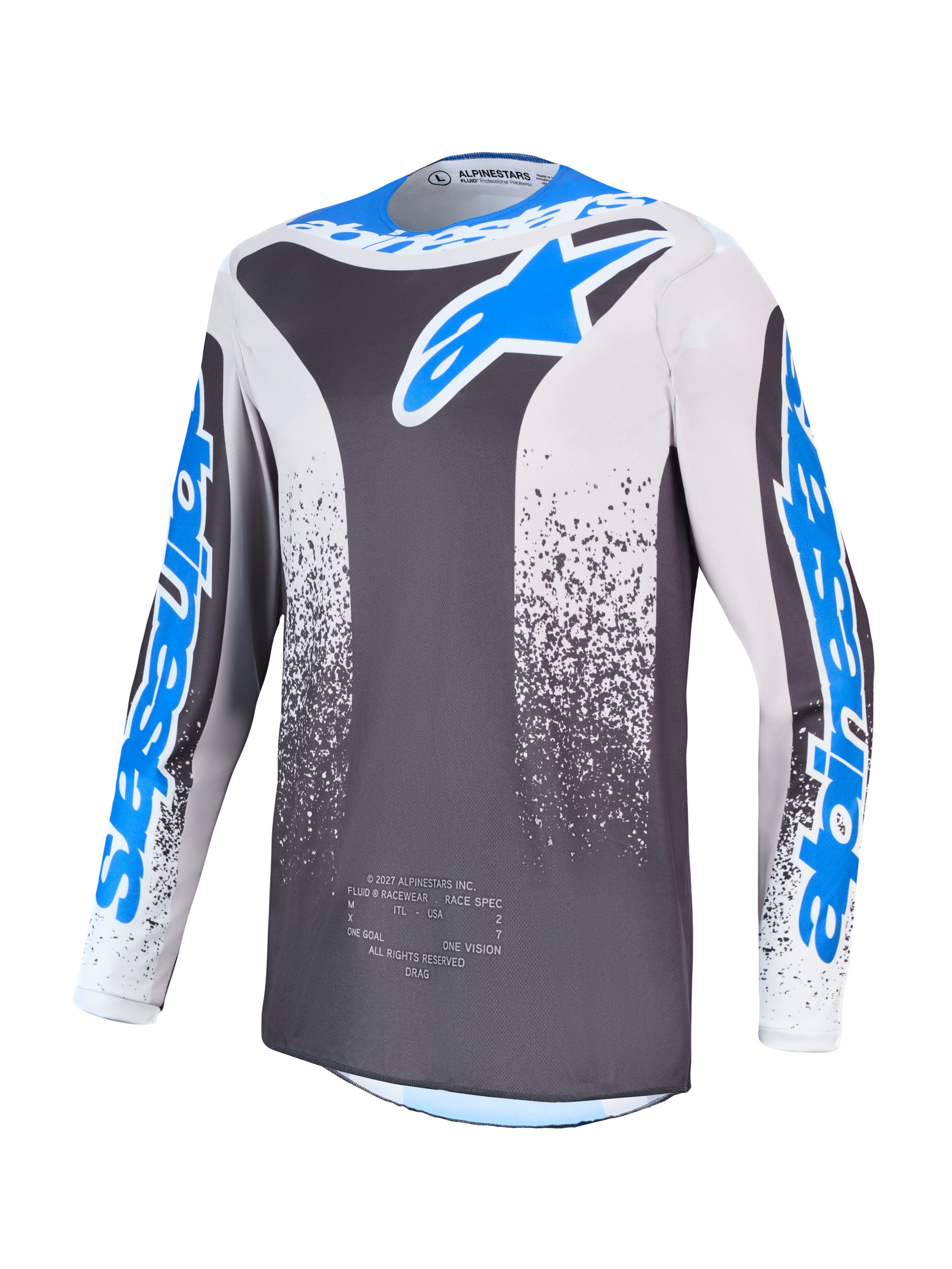 Alpinestars Fluid Drag Jersey, Men's Motocross Jersey, Gray and Blue, moisture-wicking polyfabric construction.
