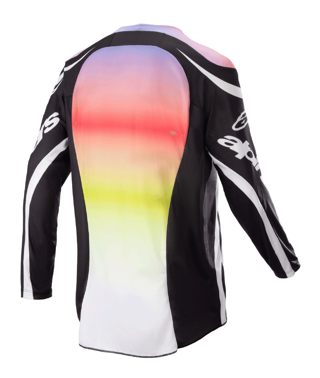 Alpinestars 2023 Racer Semi Jersey, Motocross Jersey, Black Multicolor, rear view featuring a large central panel with a vibrant purple to yellow gradient, black sleeves and shoulders with white logo accents and curved lines, designed for off-road performance