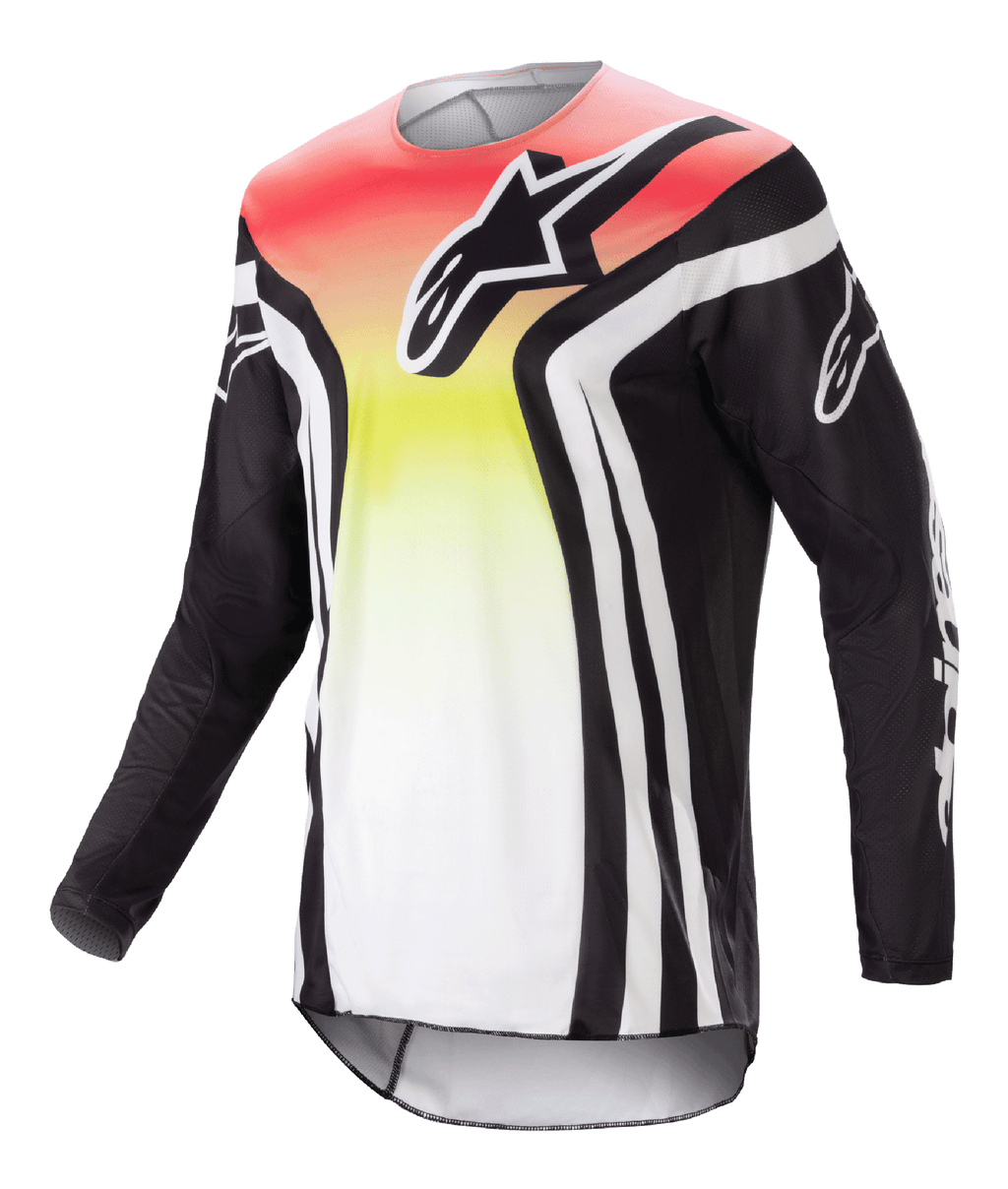 Alpinestars 2023 Racer Semi Jersey, Motocross Long-Sleeve Jersey, Black and Multicolor with Red, Yellow, and White gradient, bold chest logo and white sleeve stripes, lightweight moisture-wicking fabric for off-road performance