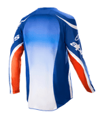 Alpinestars 2023 Racer Semi Jersey, Motocross Jersey, Blue Hot Orange and White, back view showing blue to white gradient center panel, orange sleeve accents with white branding, and extended rear tail for off-road riding