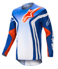 Alpinestars 2023 Racer Semi Jersey, long-sleeve motocross jersey, Blue and White gradient with Hot Orange accents, large orange Alpinestars logo on chest, bold white vertical stripes on the sides, lightweight moisture-wicking fabric for off-road riding