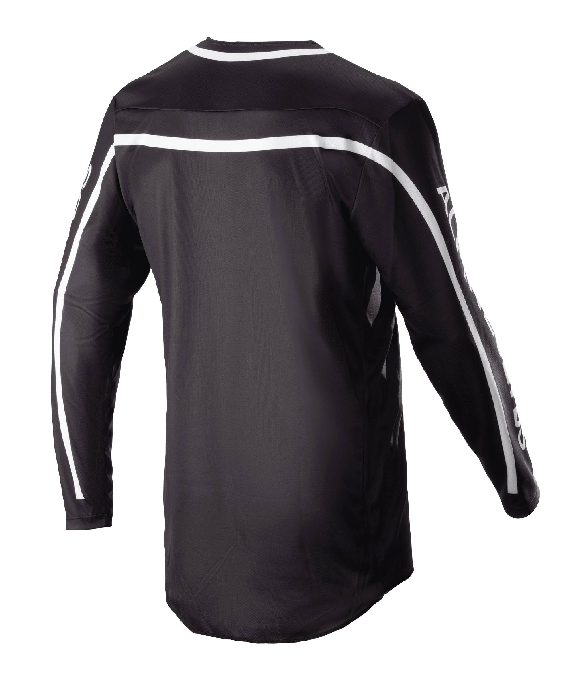 Alpinestars 2023 Racer Found Jersey, Black Motocross Jersey, Rear view featuring white stripes across the shoulders and sleeves, long sleeve design with a dropped tail for coverage, lightweight and breathable performance gear