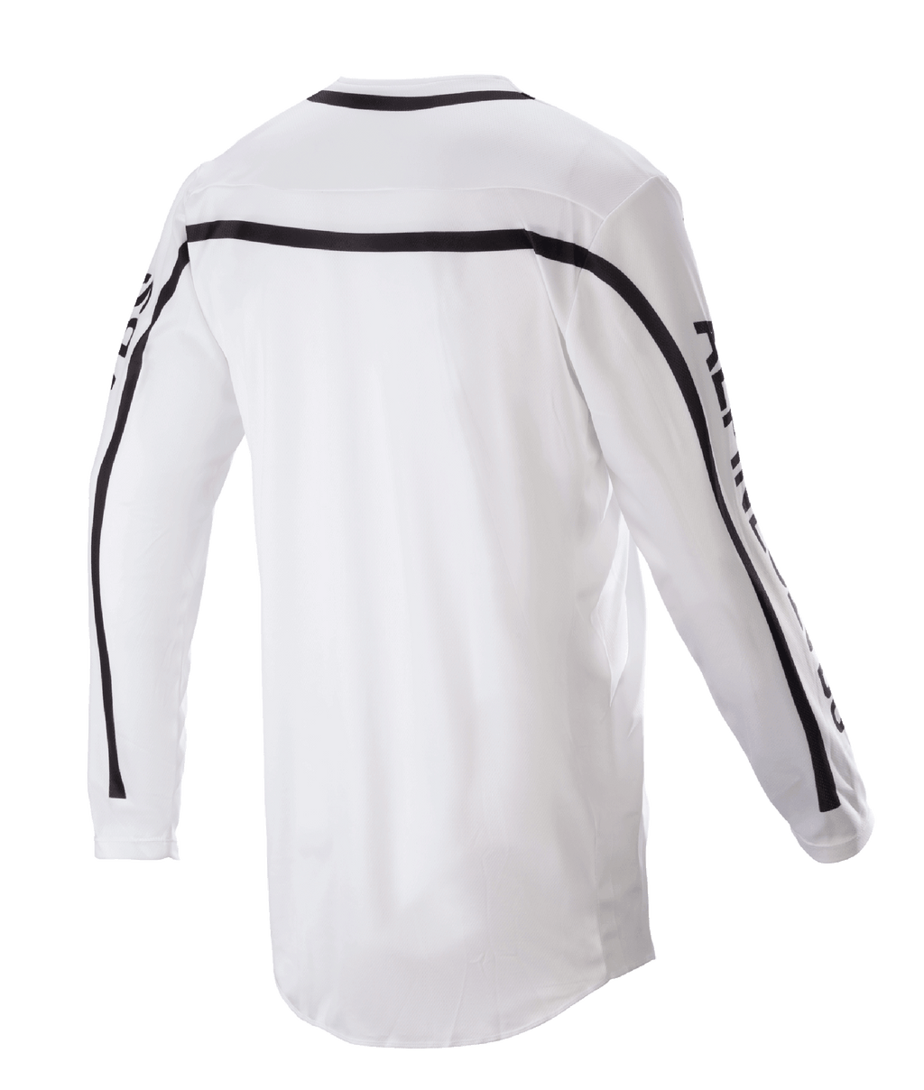 Alpinestars 2023 Racer Found Jersey, Motocross Jersey, White, Back view featuring black stripes across shoulders and sleeves, dropped tail hem for coverage, lightweight poly-fabric construction