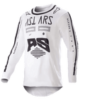 Alpinestars 2023 Racer Found Jersey, Motocross Jersey, White and Black, bold black graphics and branding on chest and sleeves, lightweight performance fabric with a black collar, off-road racing apparel