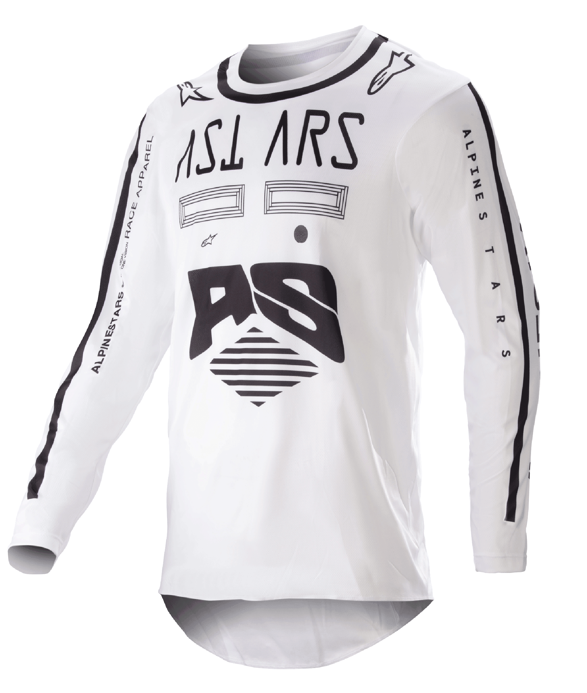 Alpinestars 2023 Racer Found Jersey, Motocross Jersey, White and Black, bold black graphics and branding on chest and sleeves, lightweight performance fabric with a black collar, off-road racing apparel