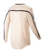 Alpinestars 2023 Racer Found Jersey, Motocross Jersey, Mountain (Tan), rear view, featuring black stripes across the shoulders and down the sleeves, ergonomic cut with a longer rear for riding coverage