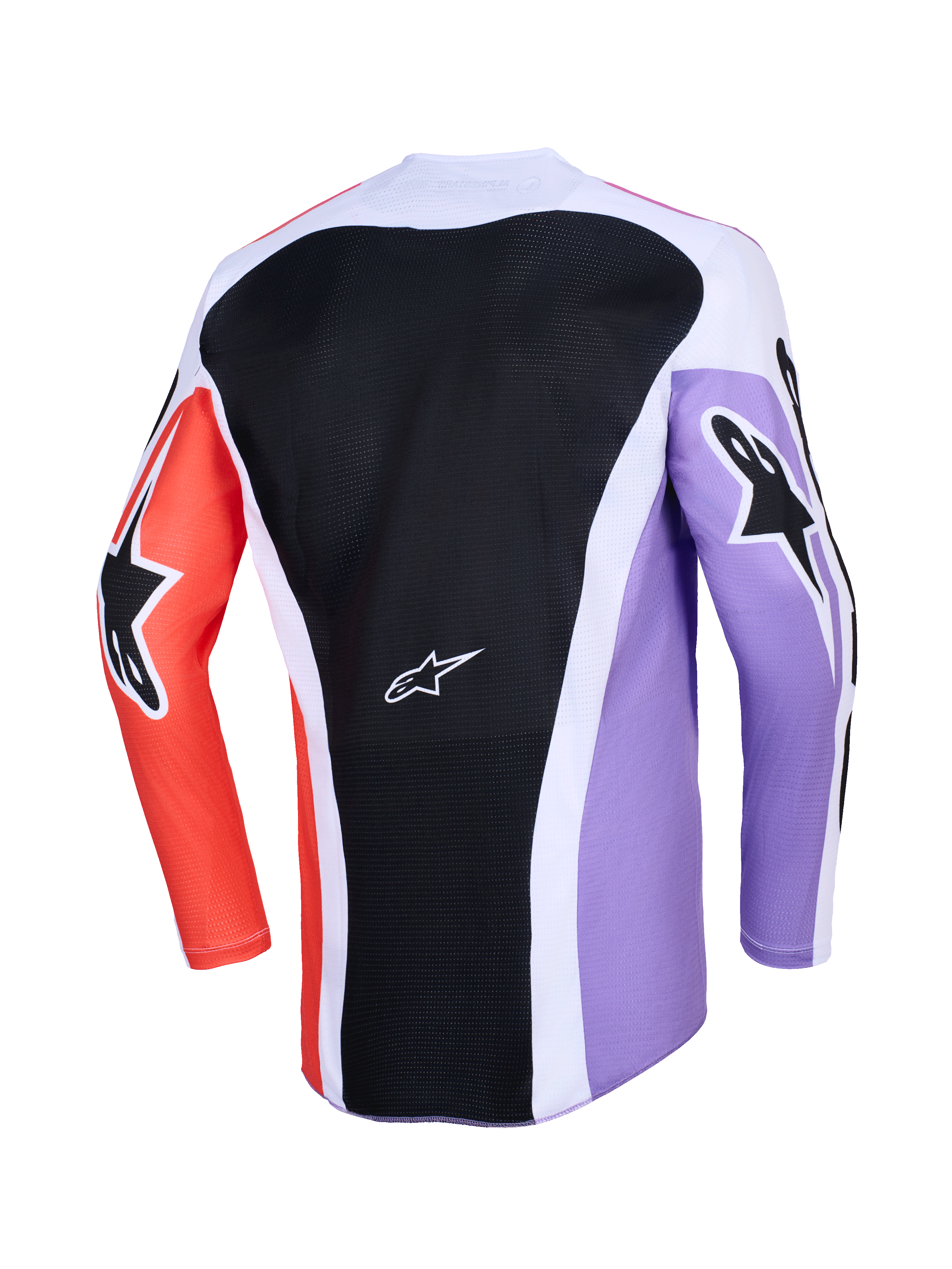 Alpinestars 2026 Racer Air Portl Jersey, back view of long-sleeve motocross jersey, multicolor design featuring a black mesh back panel, purple and orange sleeves with black star logos, white accents, and breathable construction for off-road riding.