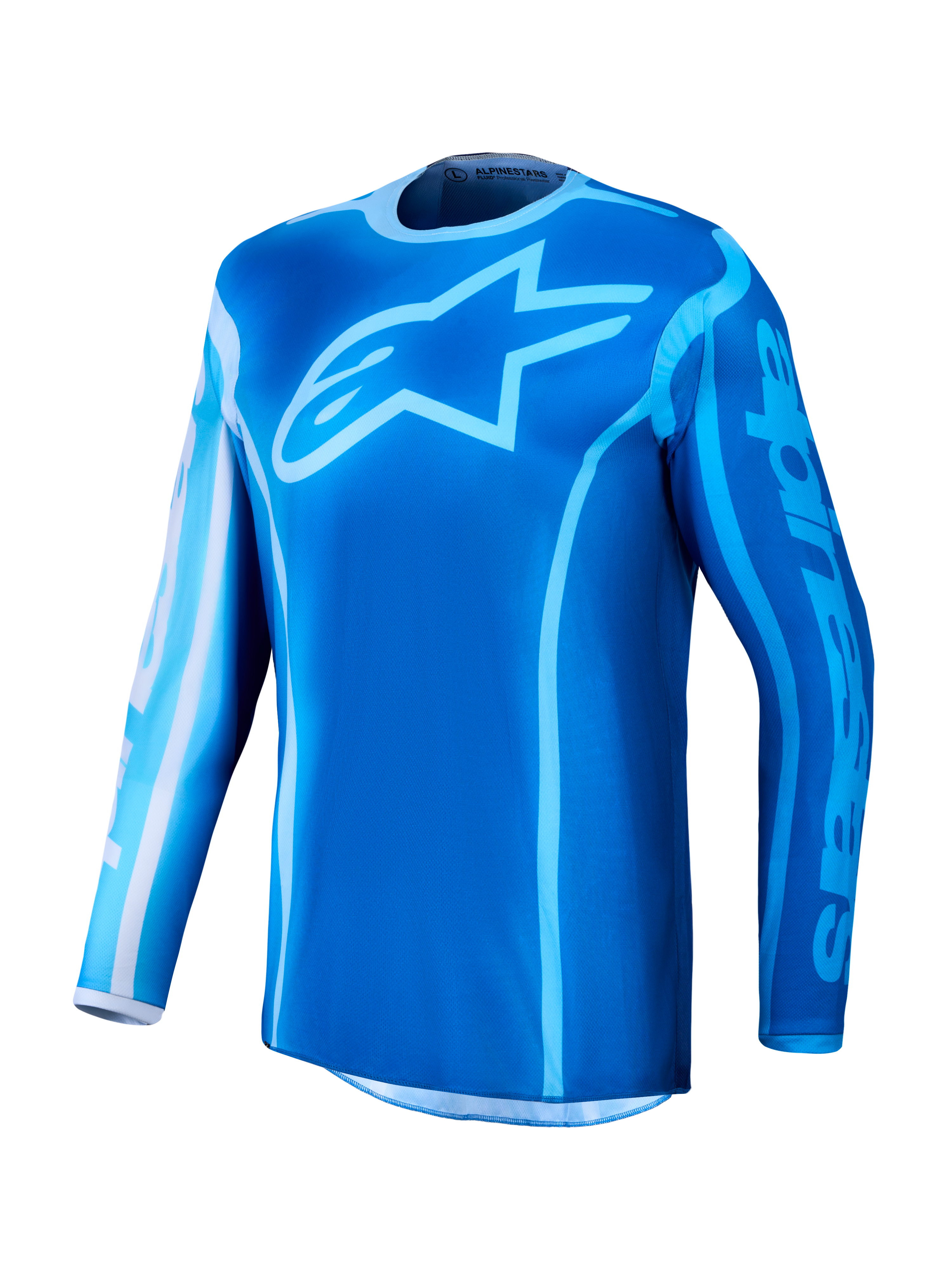 Alpinestars Fluid Kepler Jersey, Men's Motocross Racing Jersey in Ucla Blue and Blithe Blue, moisture-wicking polyfabric.