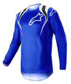 Alpinestars 2023 Fluid Narin Jersey, Motocross Jersey, Blue Ray White, featuring white and black shoulder accents and a white chest logo, lightweight long-sleeve design for off-road racing