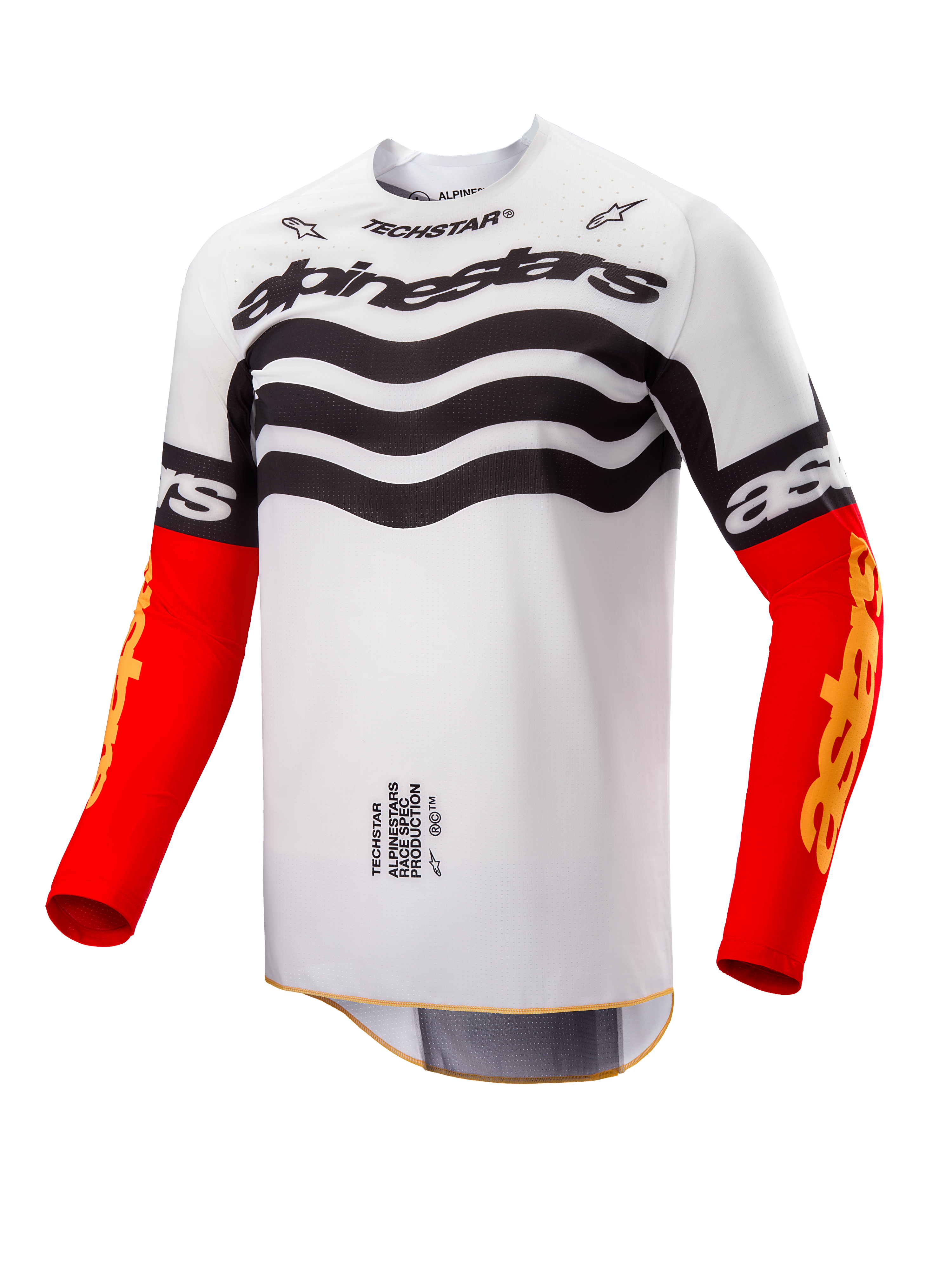 Alpinestars Limited Edition Techstar Deep Jersey, Motocross Jersey, White and Black design with wavy graphics on chest, bright Red sleeves with yellow Astars branding, performance off-road racing apparel.