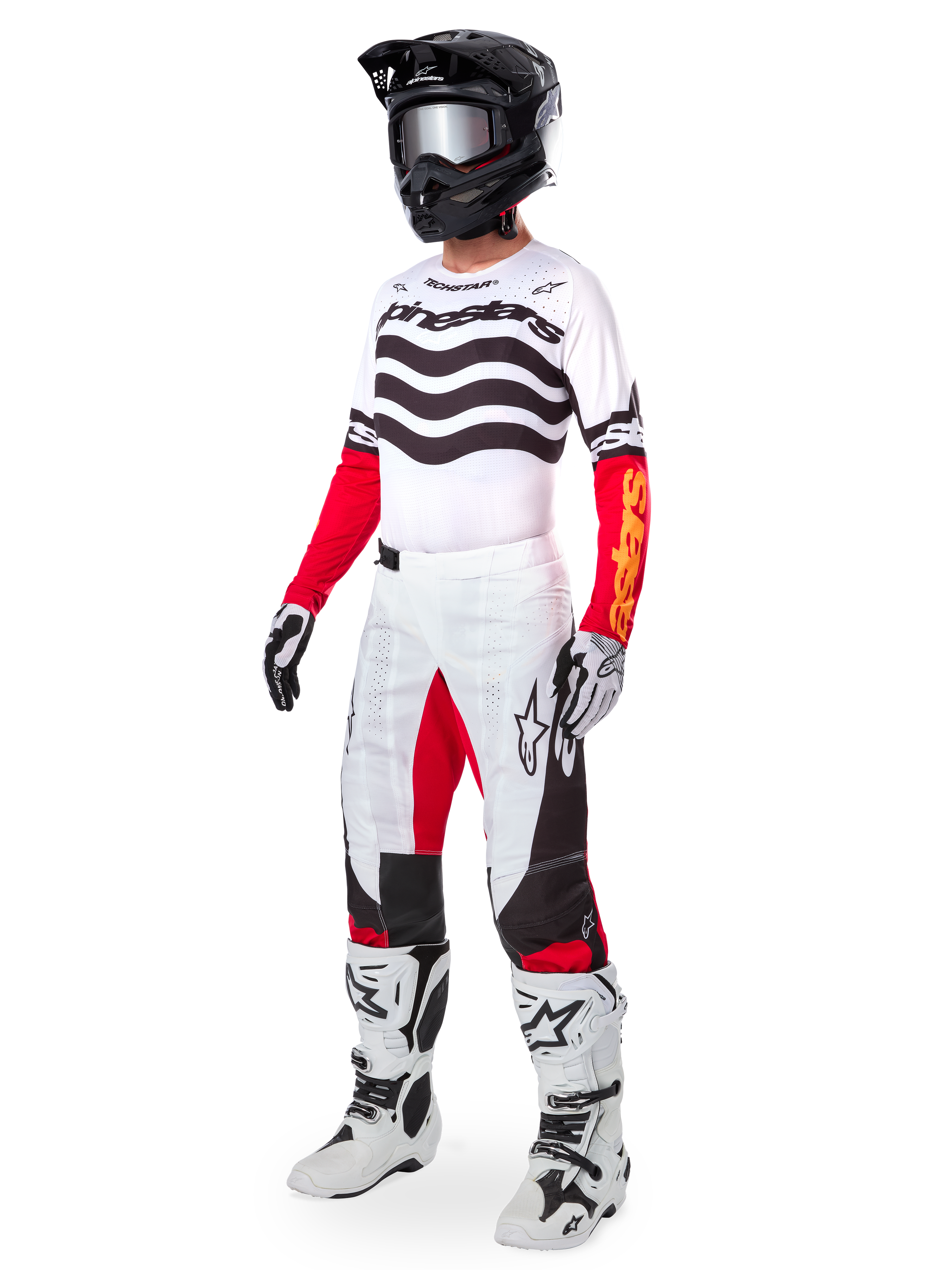 Alpinestars Limited Edition Techstar Deep Gear Set, full motocross racing apparel, white jersey with black wave patterns and red sleeves, white pants with red and black accents, black helmet with silver goggles, white and black gloves, white boots, coordinated MX racing outfit