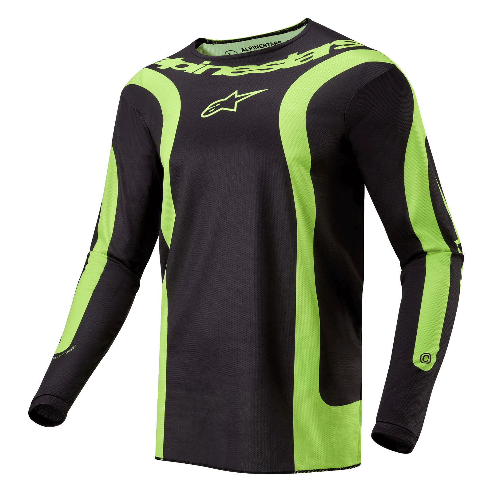 Alpinestars 2024 Fluid Lurv Jersey, Motocross Jersey, Black and Yellow Fluo, featuring bold curved fluorescent yellow panels, Alpinestars logo on the chest and wordmark around the collar, athletic sport fit for off-road racing