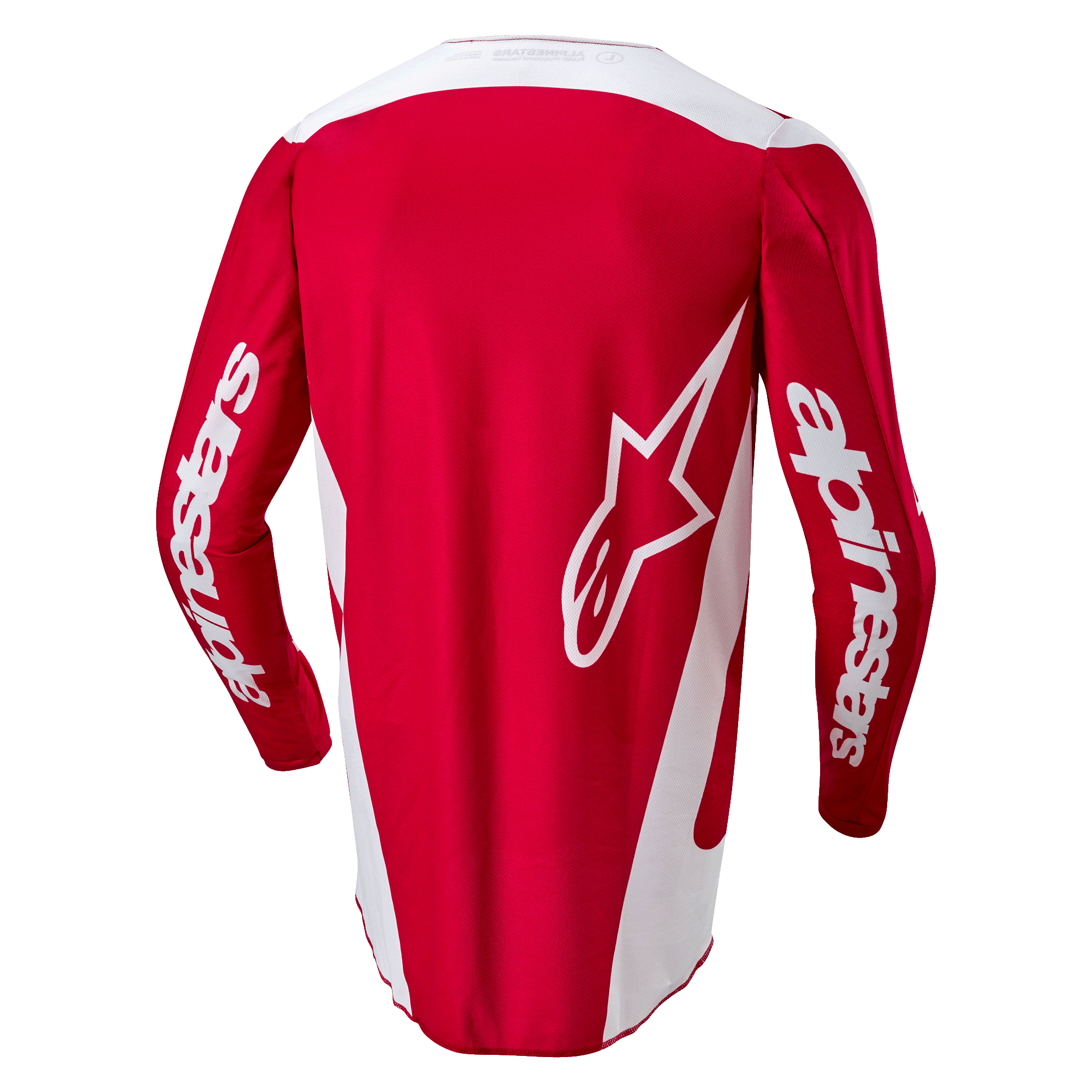 Alpinestars 2024 Fluid Lurv Jersey, Motocross Jersey, Mars Red and White, rear view featuring a large white star logo on the back, white side panels, and branding on the sleeves