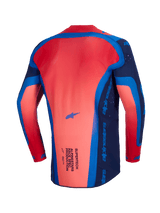 Alpinestars 2026 Supertech Vista Jersey, Motocross Jersey, Dark Navy Hot Coral and Cobalt, back view showing the extended rear profile and lightweight mesh construction