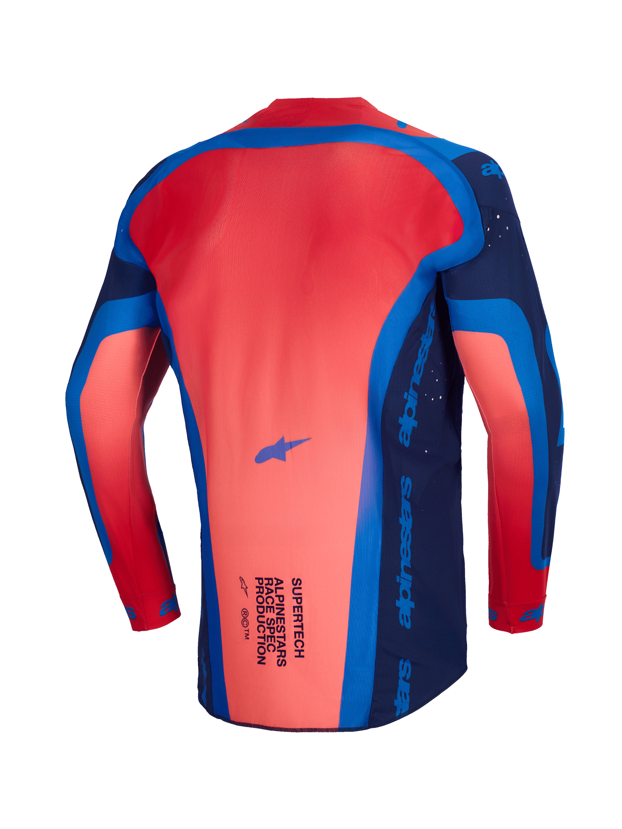 Alpinestars 2026 Supertech Vista Jersey, Motocross Jersey, Dark Navy Hot Coral and Cobalt, back view showing the extended rear profile and lightweight mesh construction