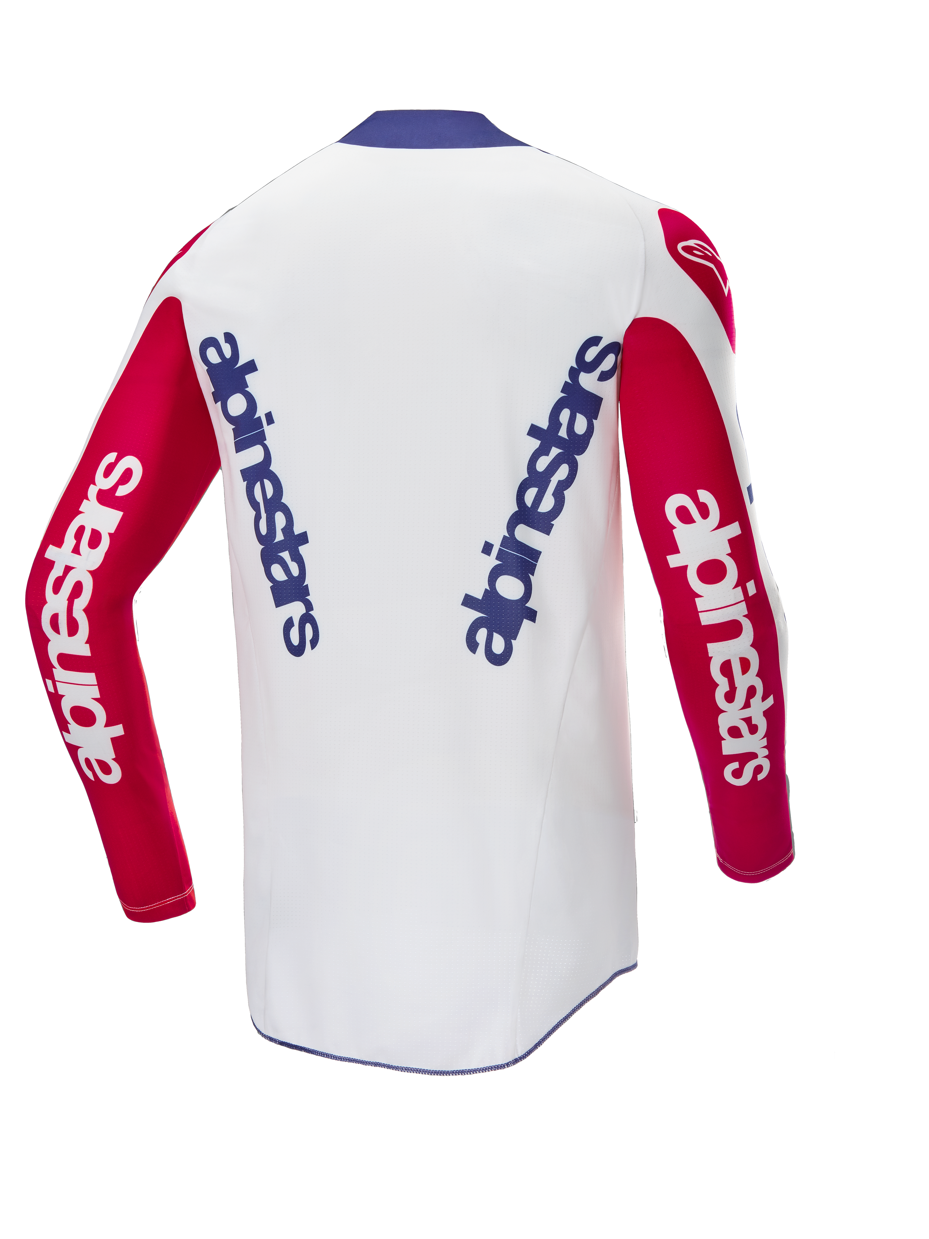 Alpinestars Limited Edition Techstar Fortitude Jersey, Motocross Jersey, Bright Red White and Blue, rear view showing vertical blue branding on a white back with red sleeves, performance racing-derived fit for motocross