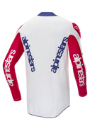 Alpinestars Limited Edition Techstar Fortitude Jersey, back view, motocross jersey, white body with red sleeves and blue collar, featuring blue and white Alpinestars branding, high-performance racing gear