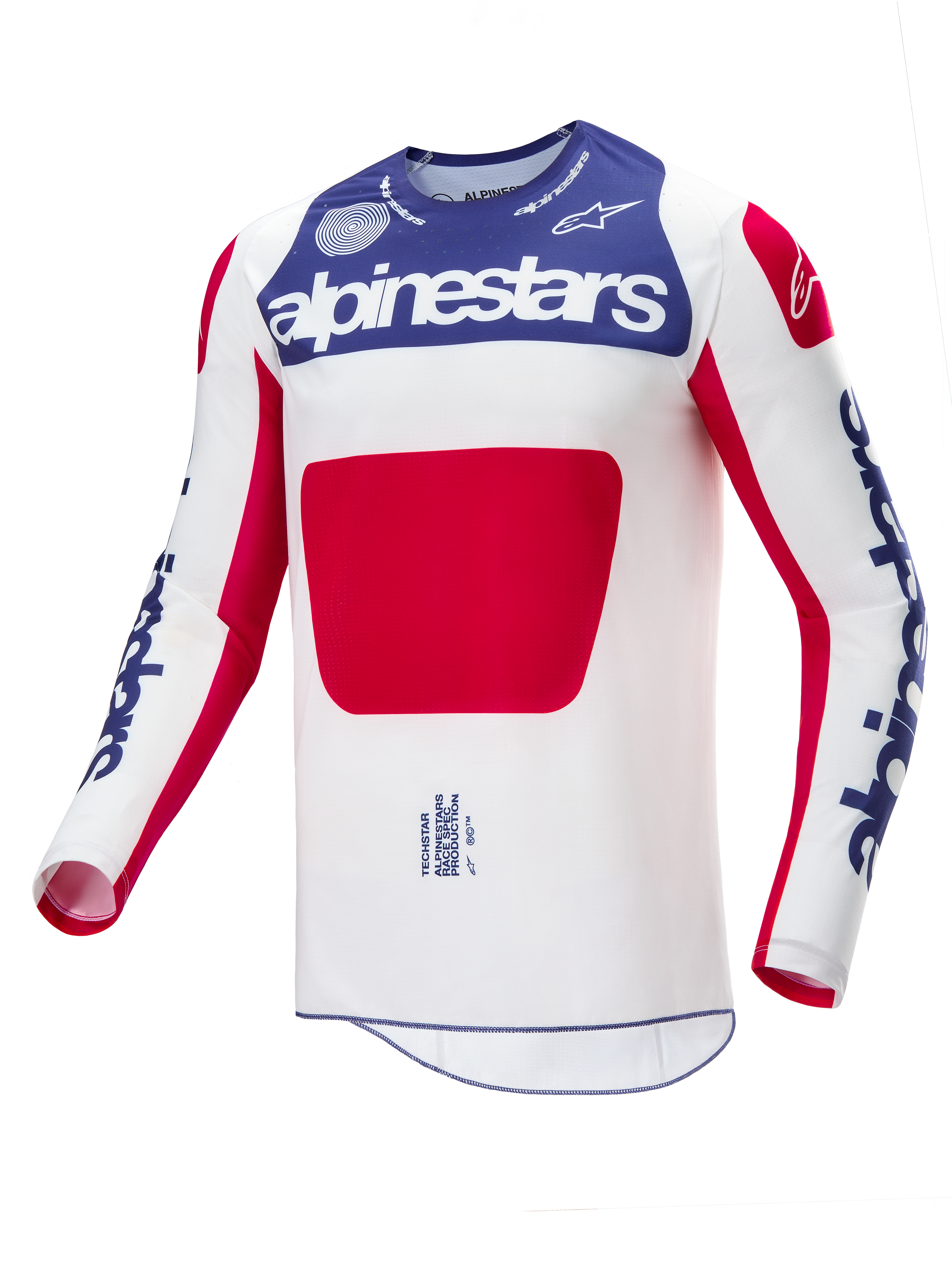 Alpinestars Limited Edition Techstar Fortitude Jersey, Motocross Jersey, Red White and Blue, white main body with blue chest panel and red graphic, blue alpinestars logos on sleeves, athletic race fit design