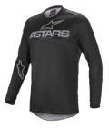 Alpinestars Fluid Graphite Jersey, Motocross Jersey, Black and Dark Gray, featuring gray ASTARS logo on the chest and shoulder, star logo on the sleeve, long-sleeved technical mesh construction for off-road racing