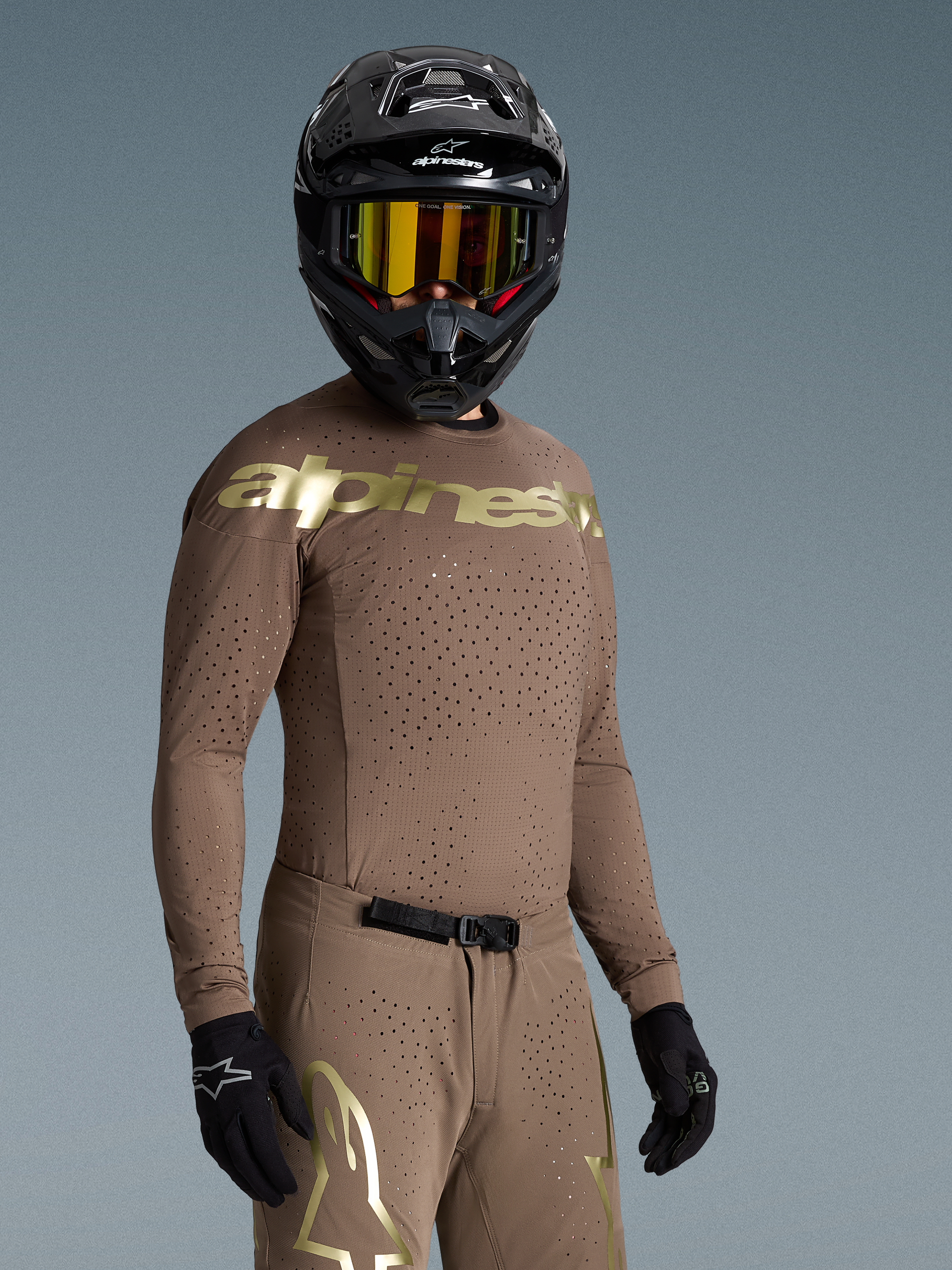 Alpinestars Limited Edition Supertech Air Gold Gear Set, tan motocross outfit with gold logos and laser-cut ventilation.