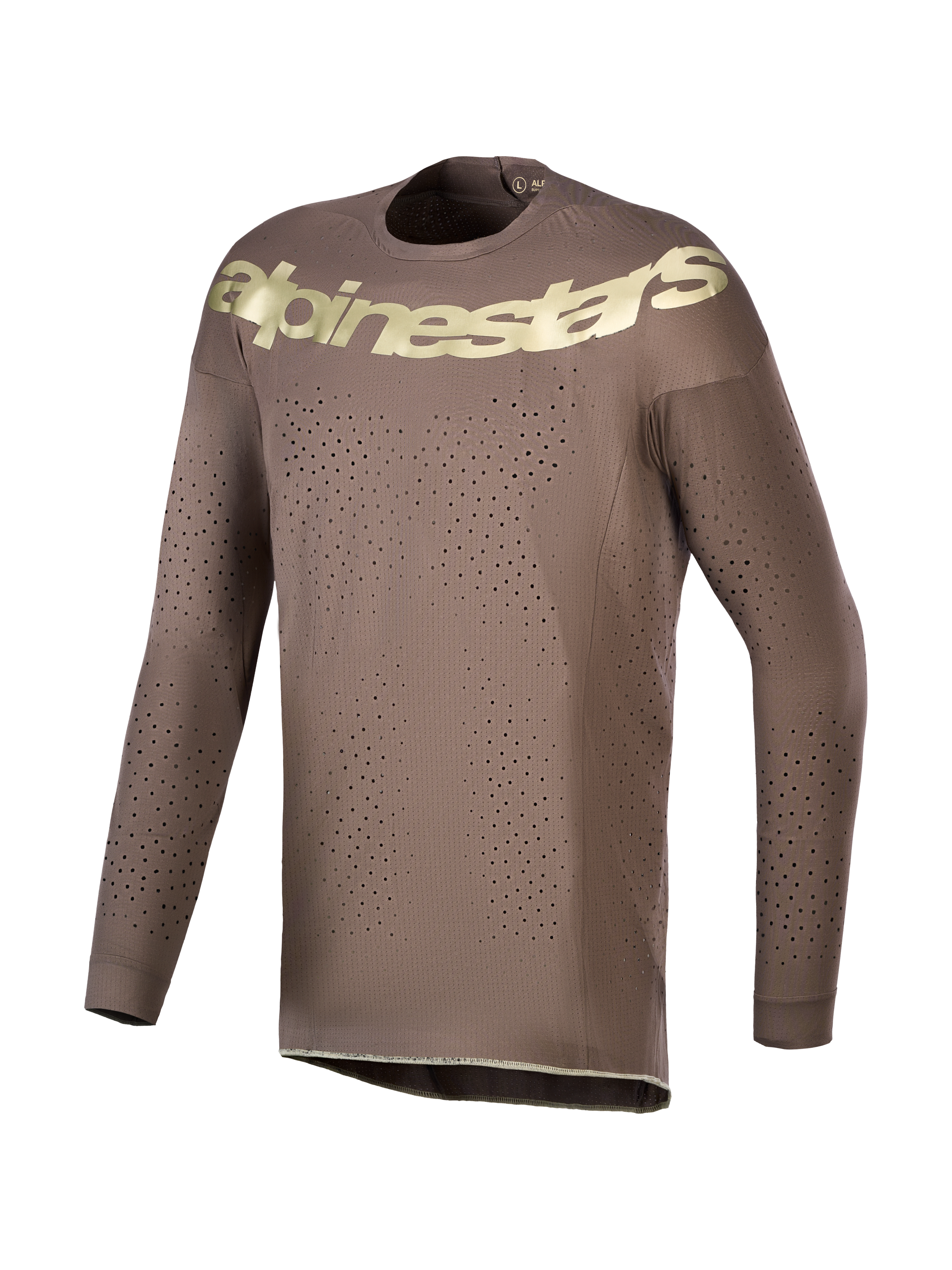 Alpinestars Limited Edition Supertech Air Gold Jersey in brown with gold logos and laser-cut vents for motocross.
