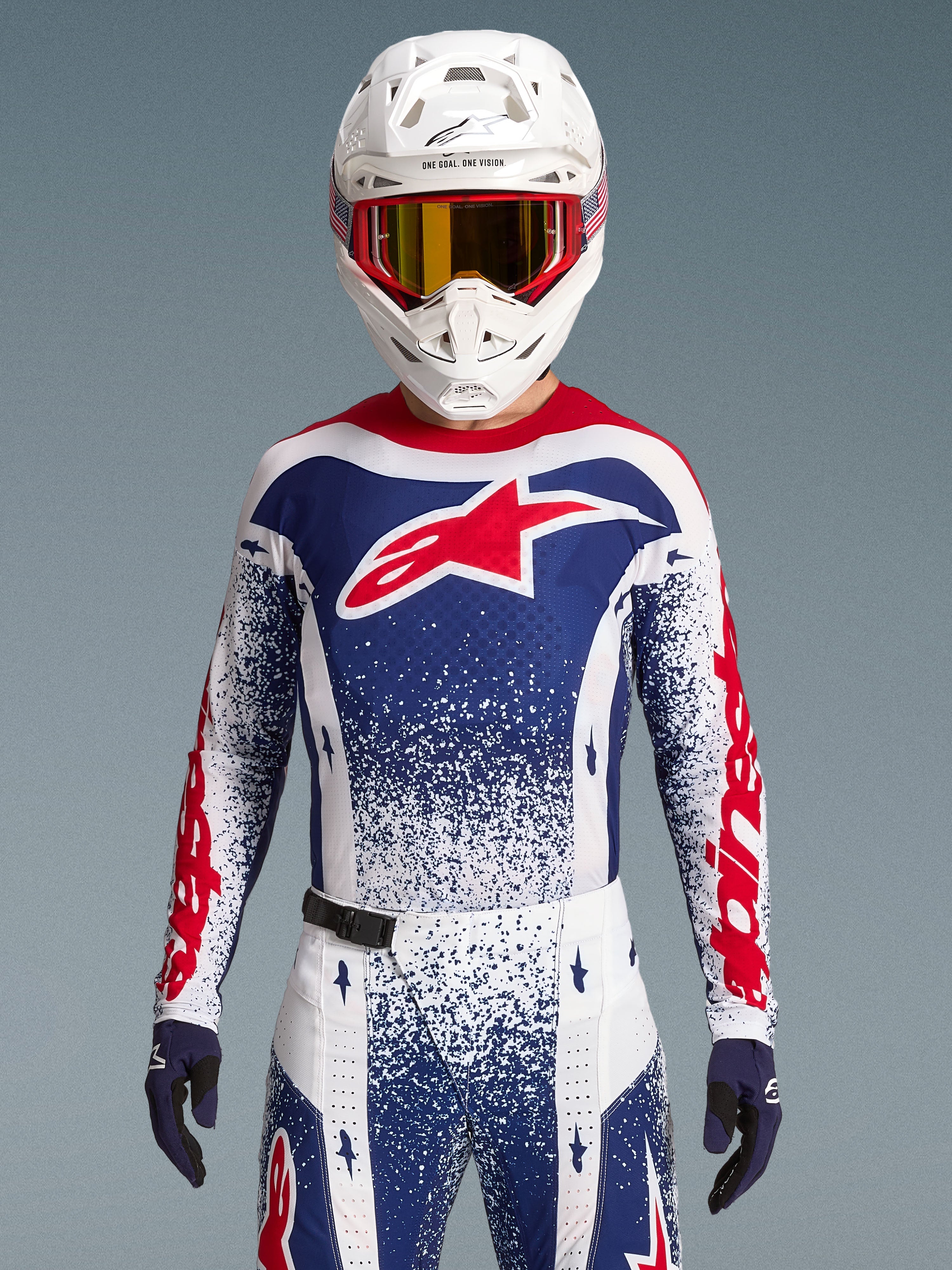 Alpinestars Limited Edition Techstar Unity Gear Set, red, white, and blue motocross racing apparel with an athletic fit.