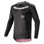 Alpinestars 2024 Supertech Ward Jersey, Motocross Jersey, Black and Red Berry, featuring white Alpinestars logos on the chest and collar, laser-cut ventilation perforations on sleeves and sides, and a performance race fit with red berry interior accents.