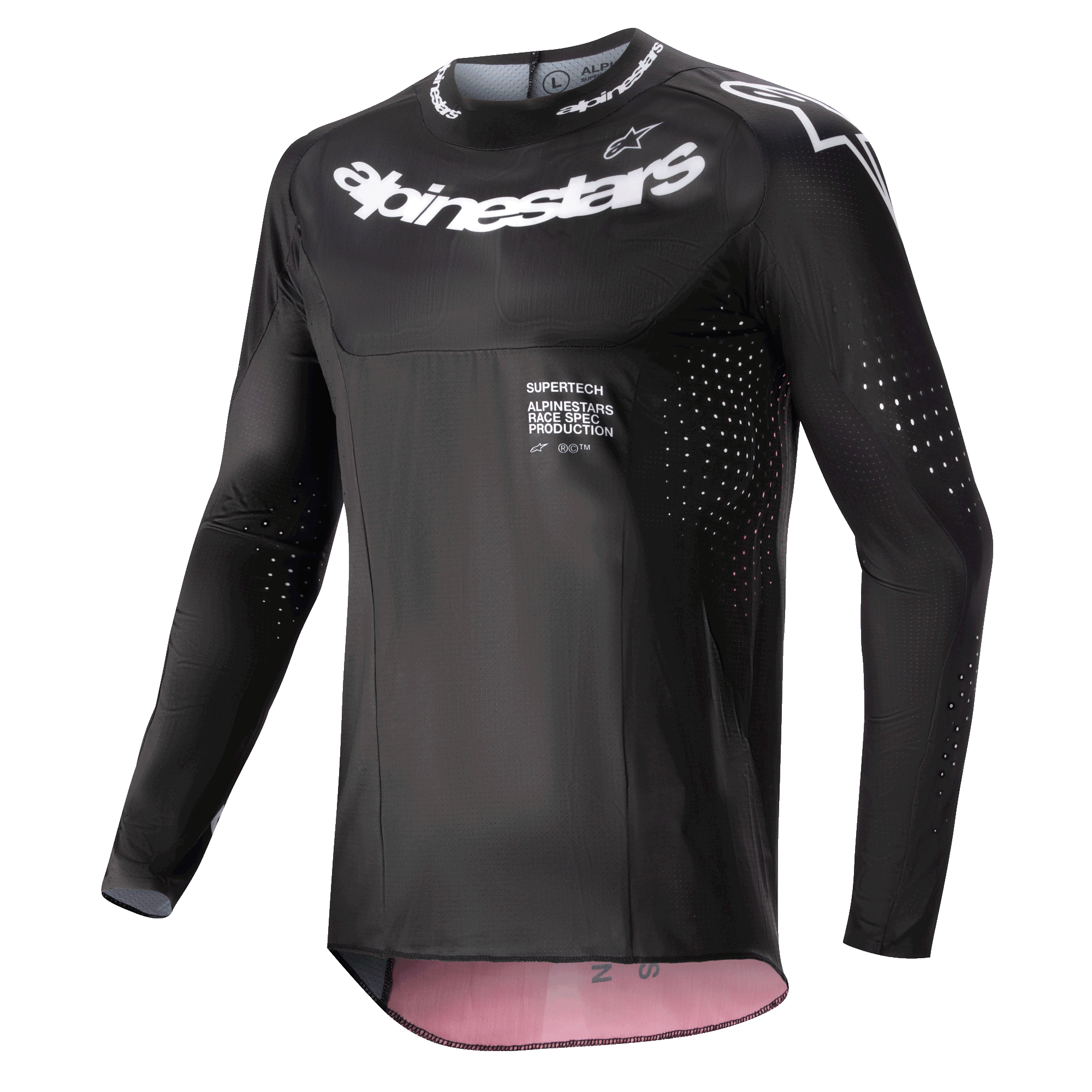 Alpinestars 2024 Supertech Ward Jersey, Motocross Jersey, Black and Red Berry, featuring white Alpinestars logos on the chest and collar, laser-cut ventilation perforations on sleeves and sides, and a performance race fit with red berry interior accents.
