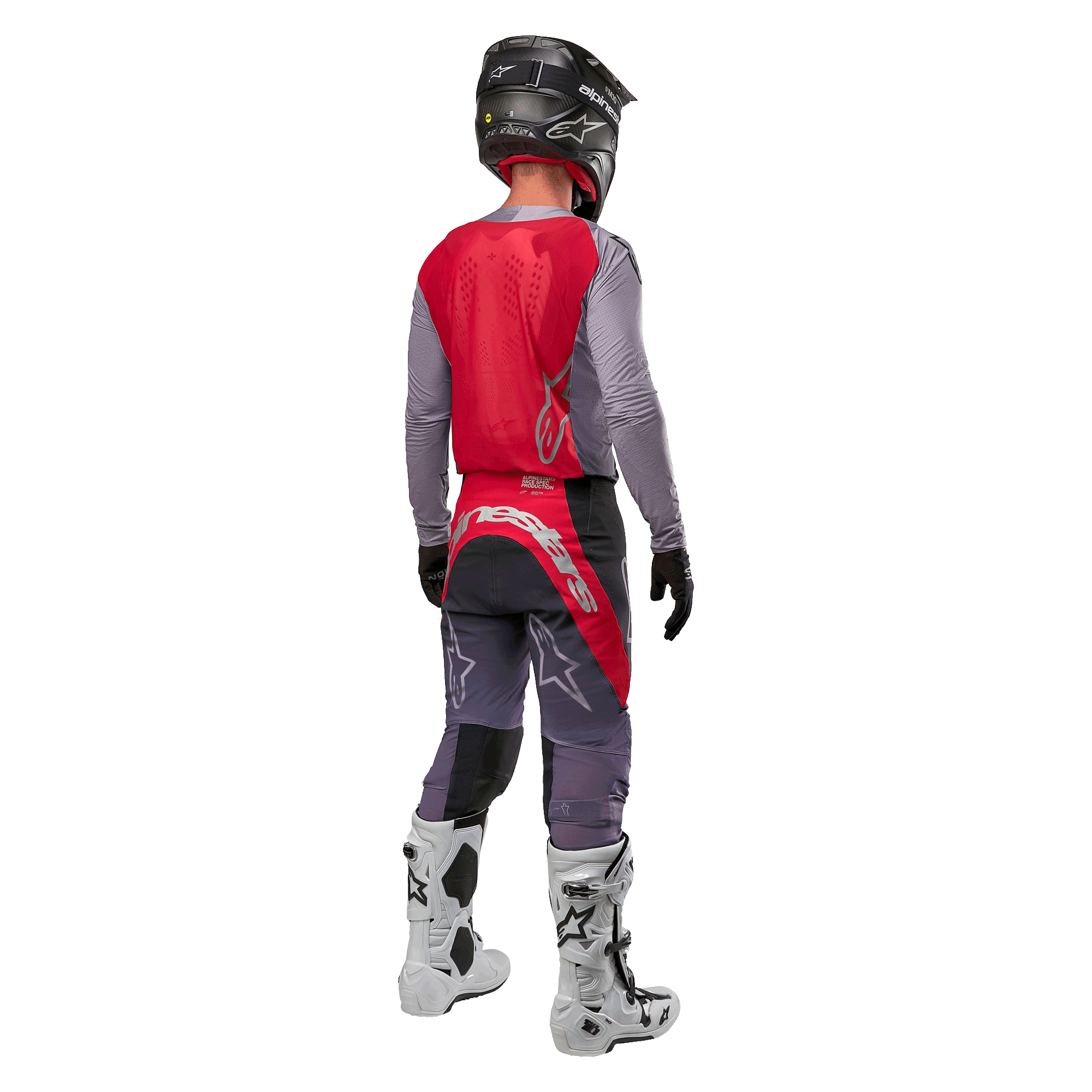 Alpinestars 2024 Supertech Dade Jersey, Motocross Jersey, Iron Red Berry and Grey, back view on a rider, featuring a red back panel with a grey logo and grey sleeves, worn with coordinating grey and red racing pants, white boots, and a black helmet, professional off-road gear.