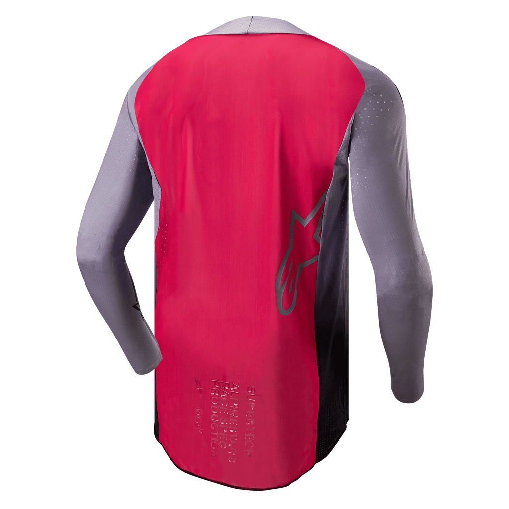 Alpinestars 2024 Supertech Dade Jersey, Motocross Jersey, Iron Red Berry and grey, back view showing breathable mesh construction, Alpinestars star logo outline, and professional race-spec branding