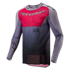 Alpinestars 2024 Supertech Dade Jersey, Motocross Jersey, Iron Red Berry and Gray, featuring a vibrant red chest panel with silver branding, dark gray gradient at the waist, laser-cut perforations on the sleeves and sides, and an athletic race fit design.