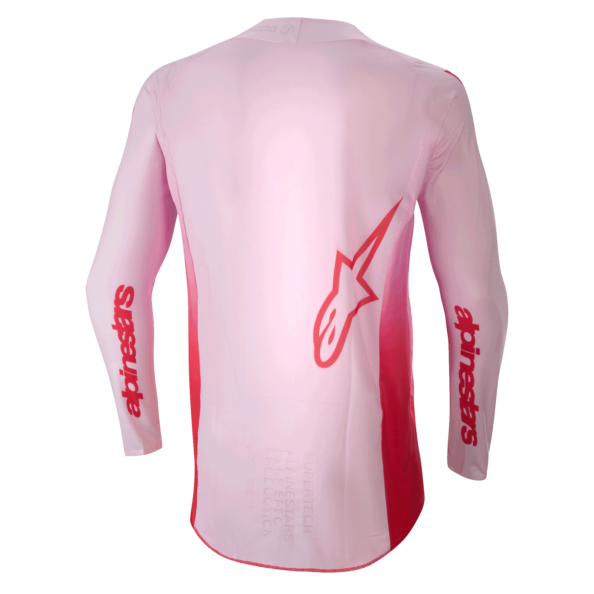 Alpinestars 2024 Supertech Dade Jersey, Motocross Jersey, Red Berry Lilac, rear view featuring a large red Astar logo on the back and red Alpinestars branding on the sleeves, lightweight stretch mesh construction with an extended back panel for off-road performance.