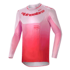 Alpinestars 2024 Supertech Dade Jersey, Motocross Jersey, Red Berry Lilac, featuring a pink to red gradient design, long-sleeve athletic fit with laser-cut ventilation holes and bold chest branding, performance dirt riding apparel.