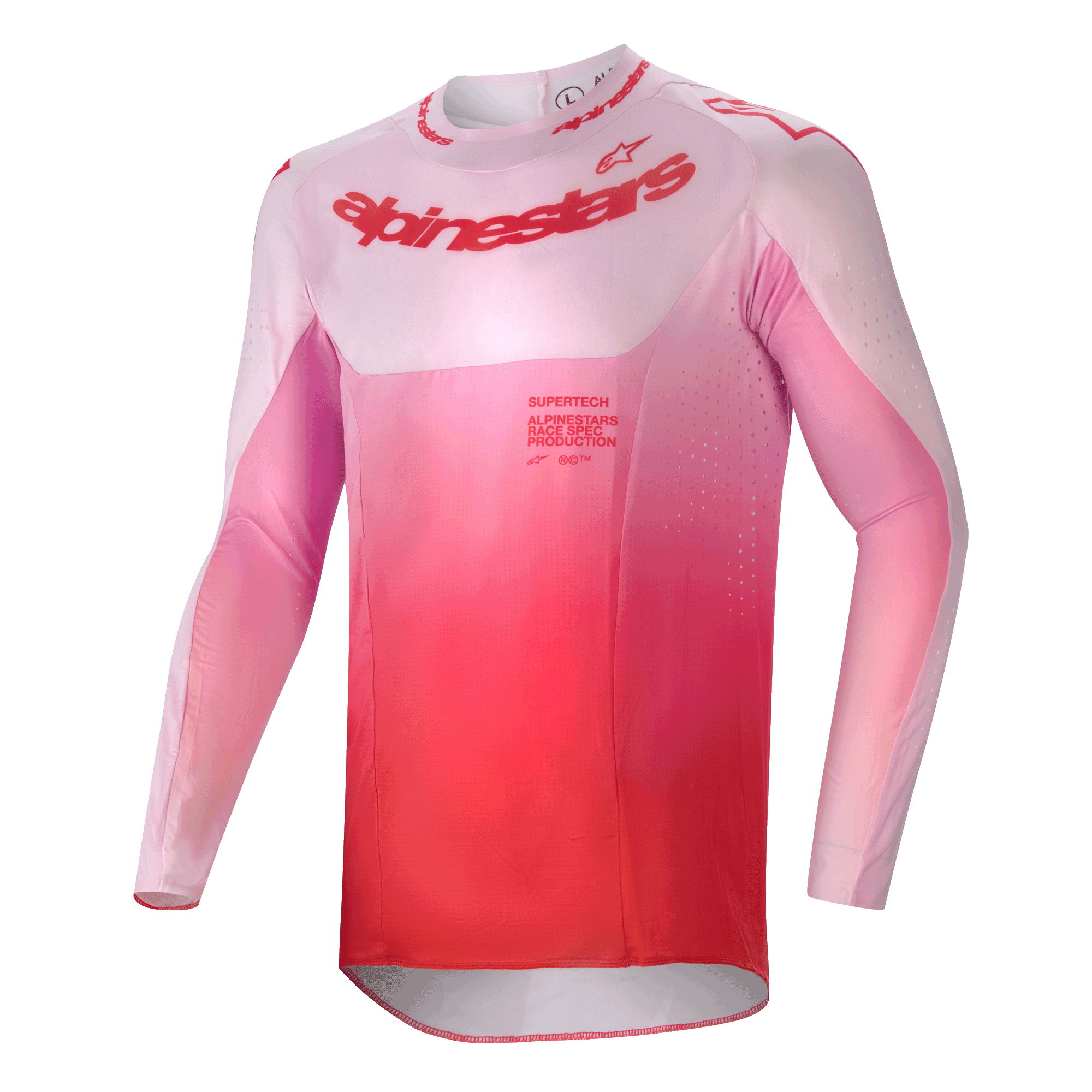 Alpinestars 2024 Supertech Dade Jersey, Motocross Jersey, Red Berry Lilac, featuring a pink to red gradient design, long-sleeve athletic fit with laser-cut ventilation holes and bold chest branding, performance dirt riding apparel.