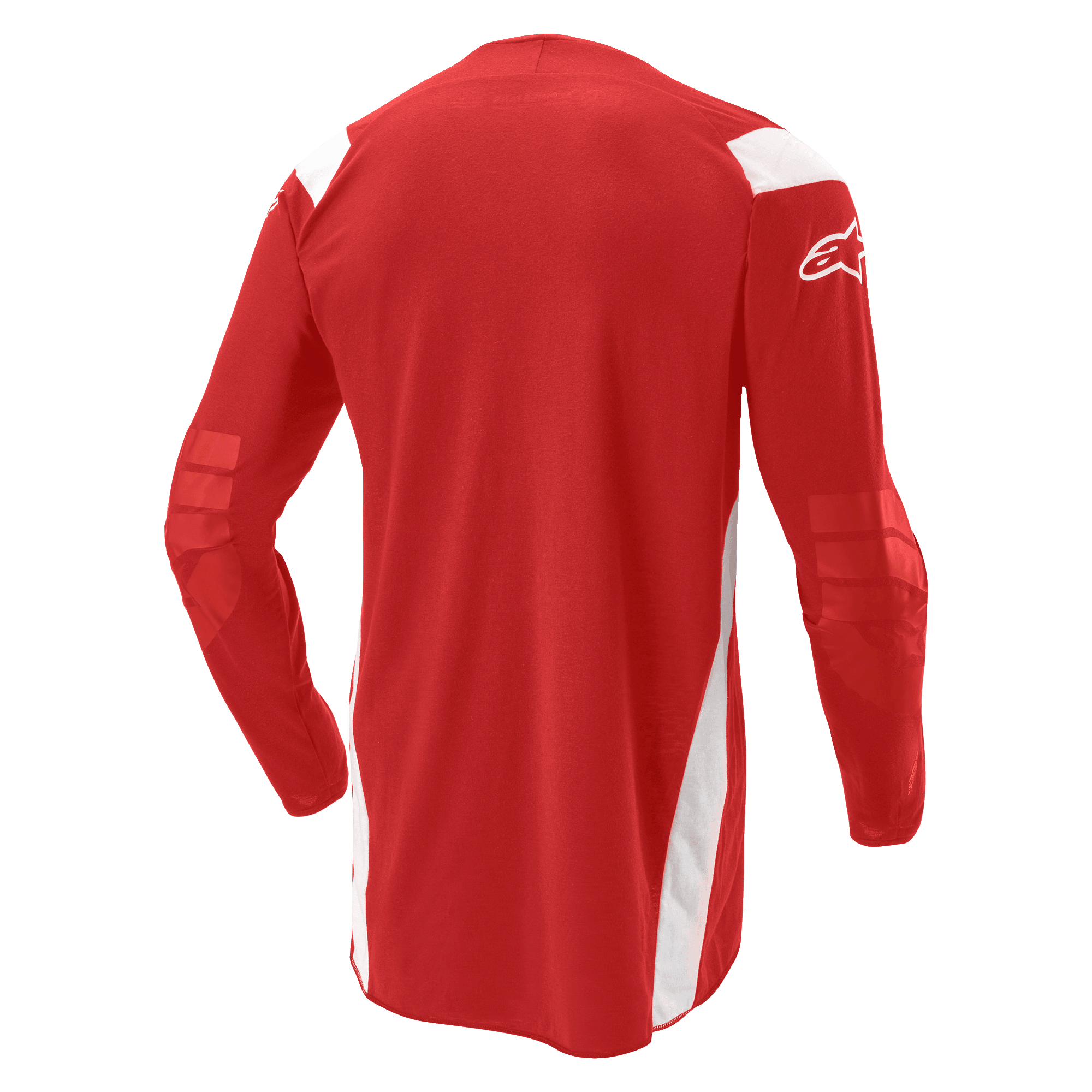 Alpinestars Techdura Jersey, Motocross and Enduro Jersey, Bright Red with white panels, back view showing elongated tail and reinforced elbows, white Alpinestars logo on sleeve, durable off-road performance gear