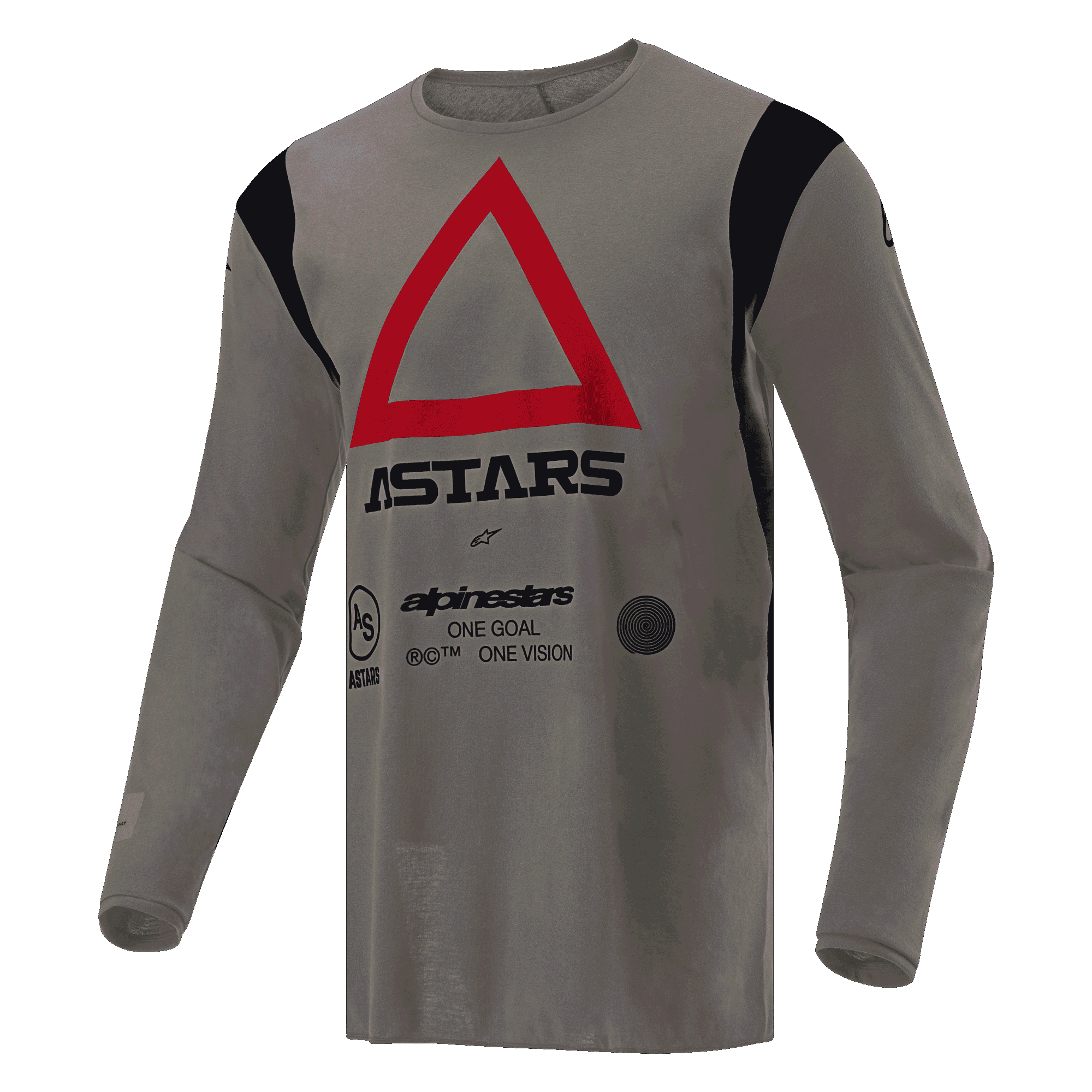 Alpinestars Techdura Jersey, Motocross and Enduro Jersey, Falcon Brown, featuring a large red triangle on the chest with black ASTARS branding, black shoulder accents, durable technical poly-fabric for off-road performance