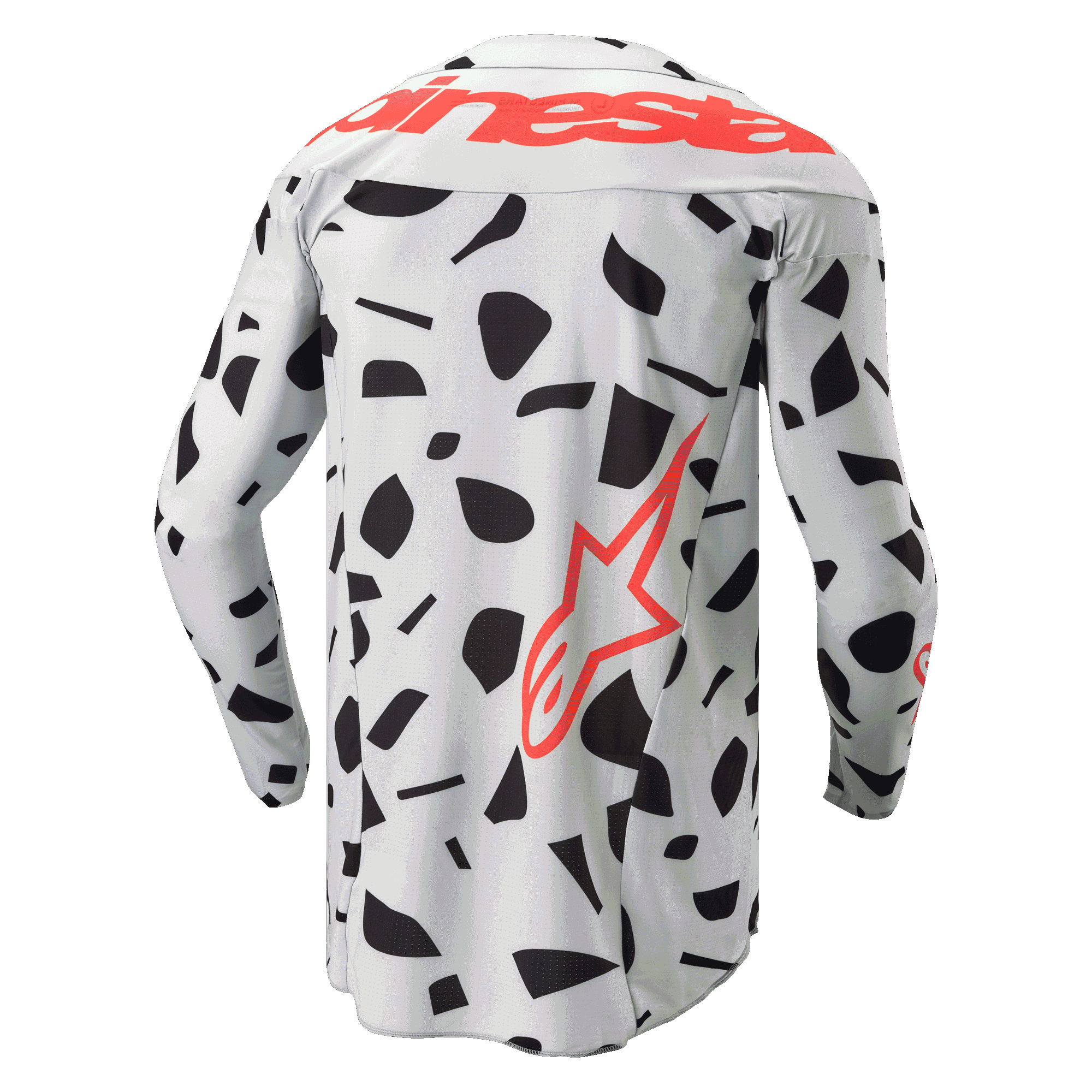 Alpinestars 2024 Techstar Rantera Jersey, back view, long-sleeve motocross jersey, Haze Gray Camo with black abstract patterns, featuring large red Alpinestars branding across the shoulders and a red star logo on the lower side, designed for off-road performance