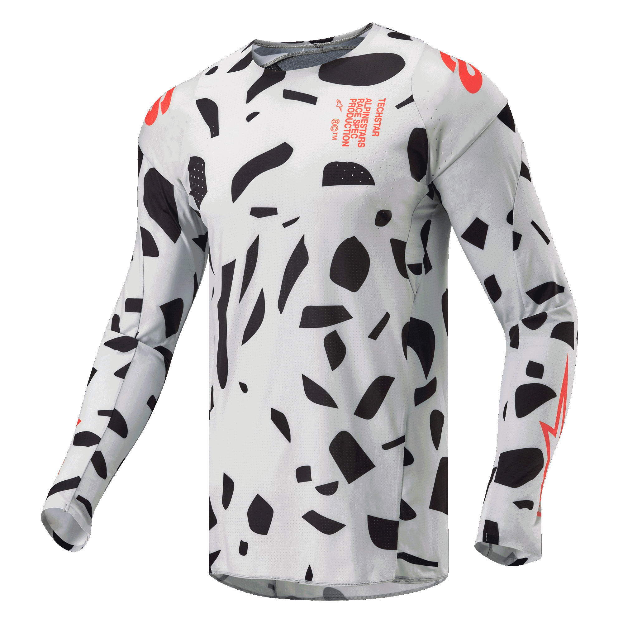 Alpinestars 2024 Techstar Rantera Jersey, Motocross Jersey, Haze Gray Camo with black abstract shapes and orange accents, long sleeves, technical off-road racing gear